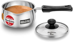Hawkins 1 Litre SSTP Stainless Steel Tea Pan (TPan) with Glass Lid, Induction Sauce Pan, Small Silver