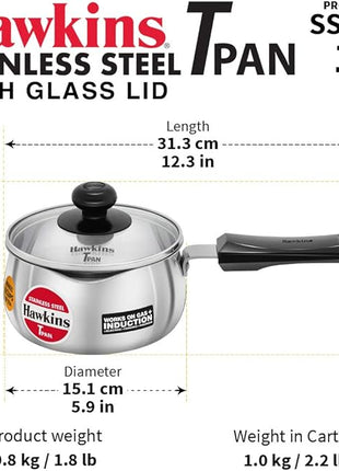 Hawkins 1 Litre SSTP Stainless Steel Tea Pan (TPan) with Glass Lid, Induction Sauce Pan, Small Silver
