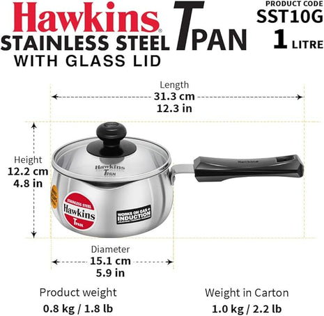 Hawkins 1 Litre SSTP Stainless Steel Tea Pan (TPan) with Glass Lid, Induction Sauce Pan, Small Silver
