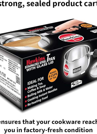Hawkins 1 Litre SSTP Stainless Steel Tea Pan (TPan) with Glass Lid, Induction Sauce Pan, Small Silver