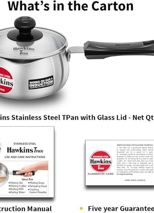 Hawkins 1 Litre SSTP Stainless Steel Tea Pan (TPan) with Glass Lid, Induction Sauce Pan, Small Silver