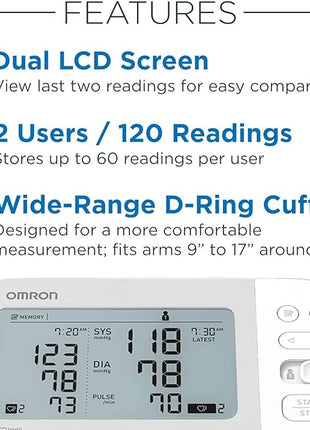 Omron BP7455  Health Gold Wireless Upper Arm Blood Pressure Monitor w/Side-by-Side LCD Comparison 2-User 120-Reading Memory