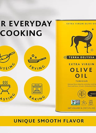 Huile d'olive vierge extra Terra Delyssa, première pression à froid, source unique, boîte métallique de 3 L (2,8 l) - Lot de 2, sans OGM, naturellement riche en antioxydants et polyphénols