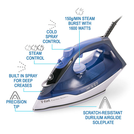T-fal FV2886U0 Express Steam Garment Iron, Blue, Fast results, Powerful Steam Boost, 5 settings, Safety Auto-off