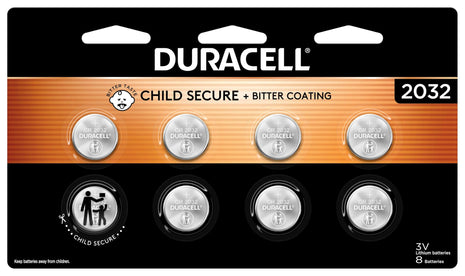 Duracell 2032 Lithium Battery. 8 Count Pack. Child Safety Features. Compatible with Apple AirTag, Key Fob, and Other Devices. CR2032 Battery Lithium Coin Battery. CR Lithium 3V Cell