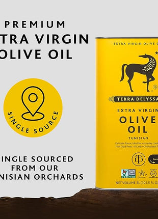 Huile d'olive vierge extra Terra Delyssa, première pression à froid, source unique, boîte métallique de 3 L (2,8 l) - Lot de 2, sans OGM, naturellement riche en antioxydants et polyphénols