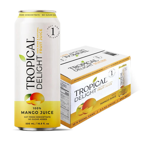 Tropical Delight 100% Mango Juice - 12 x 500ml Can, No Added Sugar, Not From Concentrate, Only 1 Ingredient