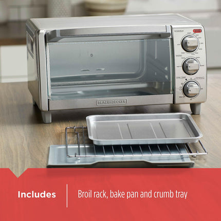 BLACK+DECKER™ Natural Convection 4-Slice Toaster Oven, Stainless Steel, Bake, Broil, Toast, Keep Warm Cooking Functions