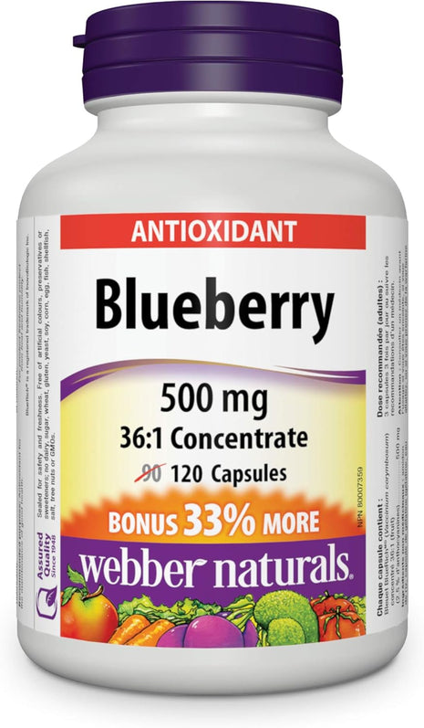 webber naturals Blueberry Plus with Bilberry 500 mg/50 mg Vegetarian Capsules, 120-count