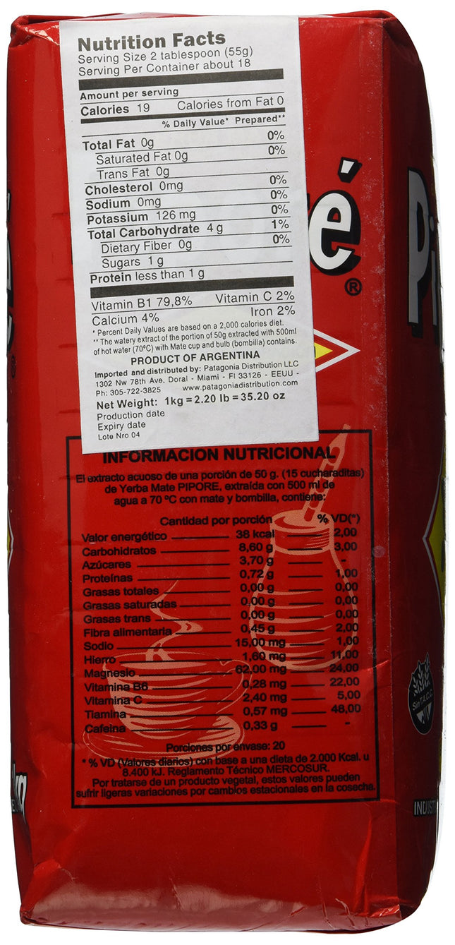 Yerba Mate Pipore - Régulier - 2,2 lb - 1 kilo - Sans gluten