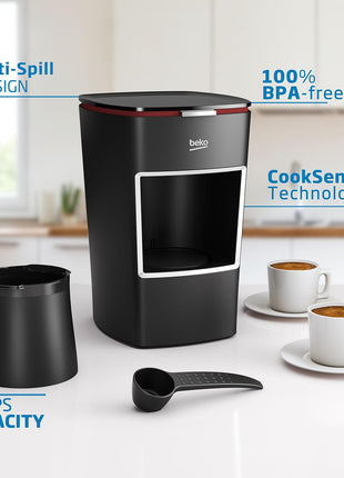 Beko Turkish Coffee Maker, 2 Cups Capacity, 100% BPA Free Turkish Coffee Machine, 120V CookSense Technology, Perfect Taste in 3 Minutes, Turkish Coffee Pot Electric, Black