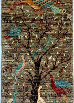 Hand-Knotted Carpet with Tree and Birds Design 100% Wool Ideal for Wall & Surface Design