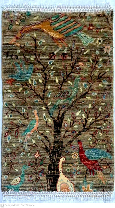 Hand-Knotted Carpet with Tree and Birds Design 100% Wool Ideal for Wall & Surface Design
