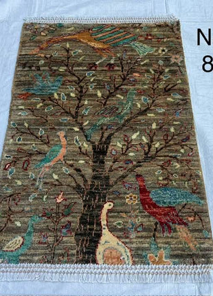 Hand-Knotted Carpet with Tree and Birds Design 100% Wool Ideal for Wall & Surface Design