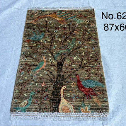 Hand-Knotted Carpet with Tree and Birds Design 100% Wool Ideal for Wall & Surface Design