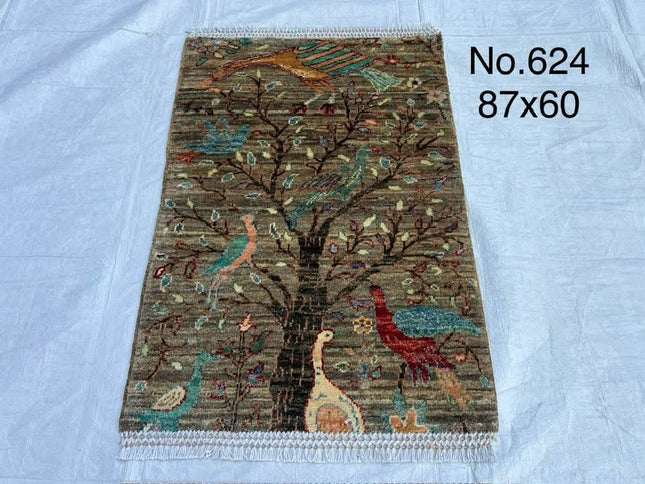Hand-Knotted Carpet with Tree and Birds Design 100% Wool Ideal for Wall & Surface Design
