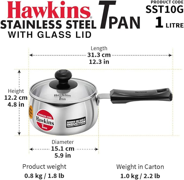 Hawkins 1 Litre SSTP Stainless Steel Tea Pan (TPan) with Glass Lid, Induction Sauce Pan, Small Silver