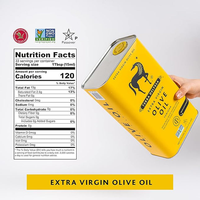 Terra Delyssa First Cold Pressed Extra Virgin Olive Oil, Single Sourced, 3L Metal Tin (101 fl. oz) - 2 Pack, Non-GMO, Naturally Rich in Antioxidants and Polyphenols