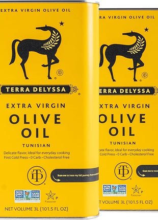 Terra Delyssa First Cold Pressed Extra Virgin Olive Oil, Single Sourced, 3L Metal Tin (101 fl. oz) - 2 Pack, Non-GMO, Naturally Rich in Antioxidants and Polyphenols