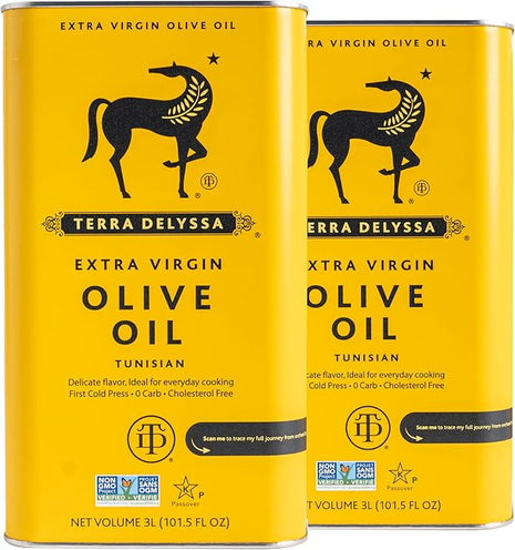 Huile d'olive vierge extra Terra Delyssa, première pression à froid, source unique, boîte métallique de 3 L (2,8 l) - Lot de 2, sans OGM, naturellement riche en antioxydants et polyphénols