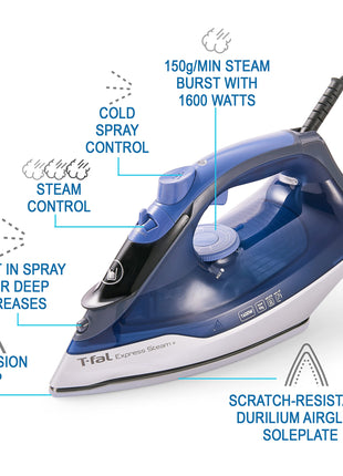 T-fal FV2886U0 Express Steam Garment Iron, Blue, Fast results, Powerful Steam Boost, 5 settings, Safety Auto-off