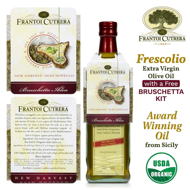 New Harvest Autumn 2020/2021 - Frescolio Olive Oil by Frantoi Cutrera - With Sicilian herb pack - Non GMO imported from Italy - Fine Imported Olive Oil from Sicily Italy 17 Fl Oz
